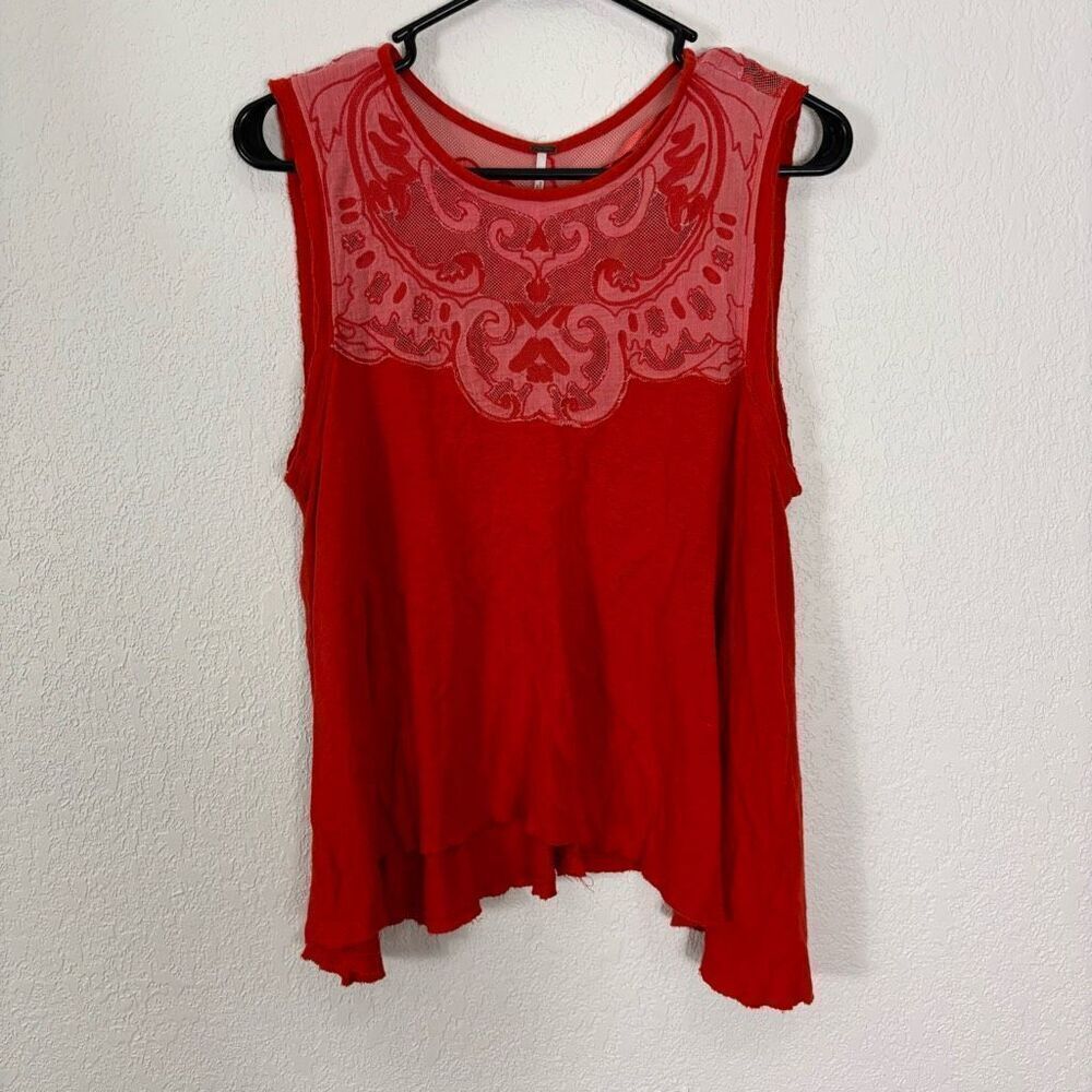 Free People Red with Pink Mesh Embroidered Tank Top‎ Size Small
